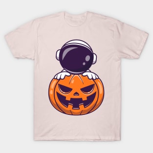 Astronaut With Pumpkin Halloween Cartoon T-Shirt
